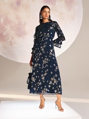Love & Roses Navy Cosmic Metallic Ruffle Midi Dress - Image 3 of 4