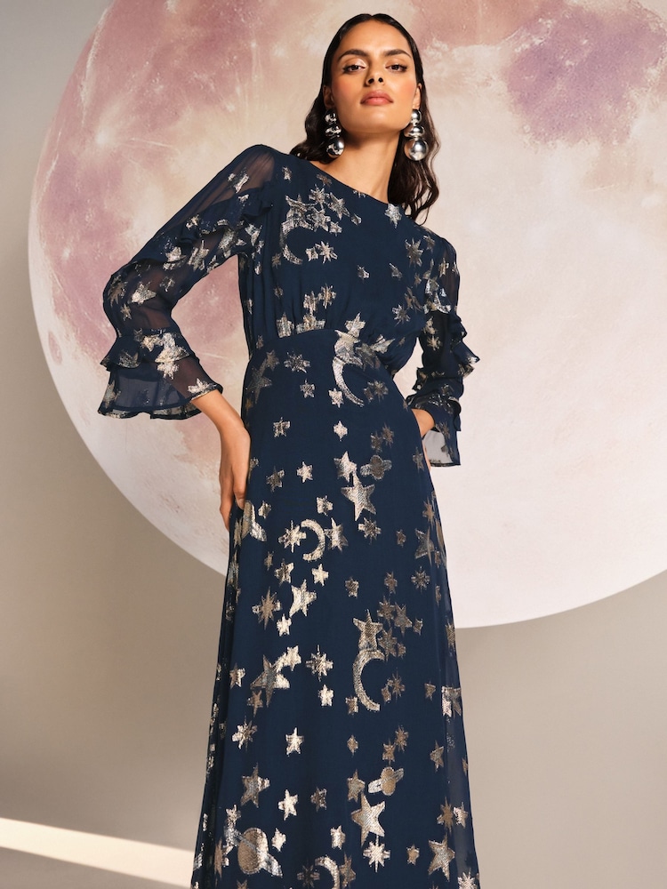 Love & Roses Navy Cosmic Metallic Ruffle Midi Dress - Image 4 of 4