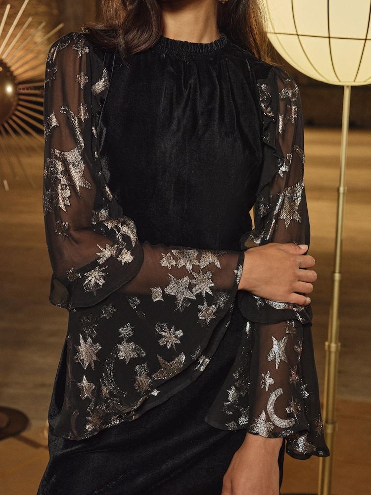 Love & Roses Black Cosmic Metallic Sleeve Velvet Mini Dress - Image 2 of 4