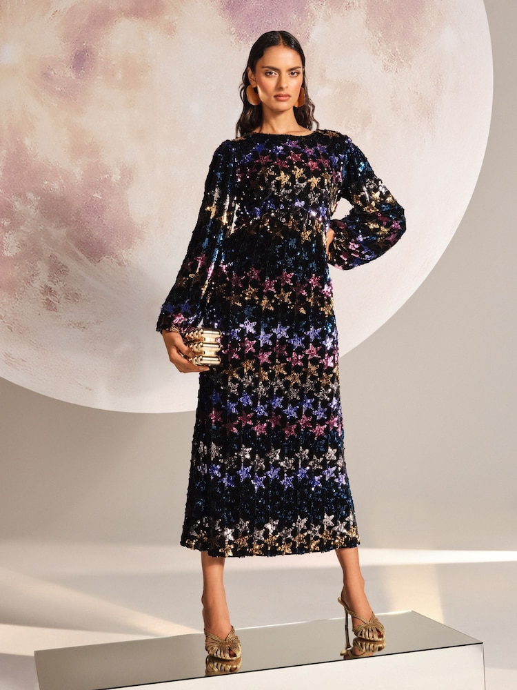 Love & Roses Multi Star Sequin Velvet Midi Dress - Image 1 of 4