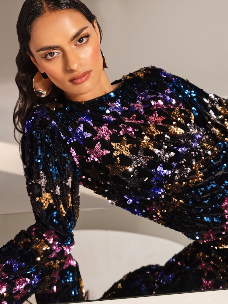 Love & Roses Multi Star Sequin Velvet Midi Dress - Image 2 of 4