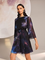 Love & Roses Navy Galactical Embellished Neck Mini Dress - Image 1 of 4