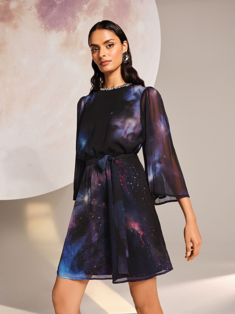 Love & Roses Navy Galactical Embellished Neck Mini Dress - Image 1 of 4