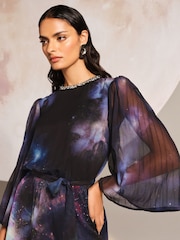 Love & Roses Navy Galactical Embellished Neck Mini Dress - Image 2 of 4