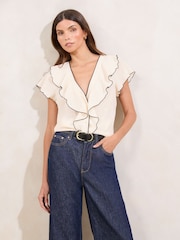 Lipsy Ivory Tipped V-Neck Ruffle Short Sleeve Blouse - Image 2 of 4