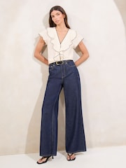 Lipsy Ivory Tipped V-Neck Ruffle Short Sleeve Blouse - Image 3 of 4
