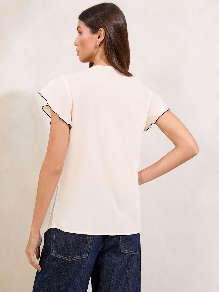 Lipsy Ivory Tipped V-Neck Ruffle Short Sleeve Blouse - Image 4 of 4