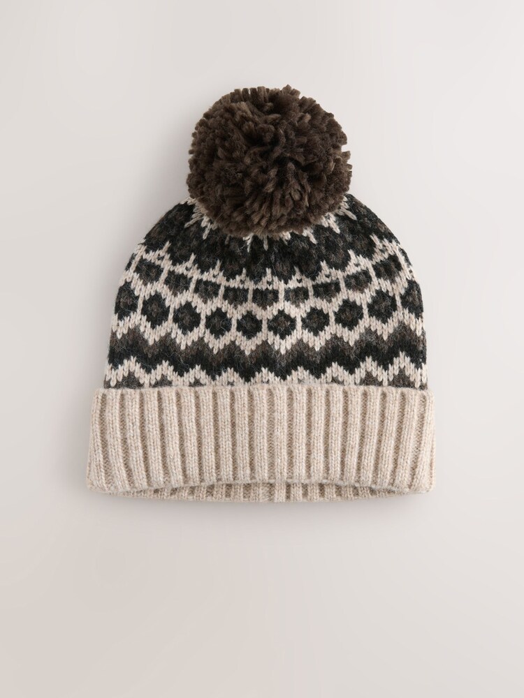 Neutral Brown Fairisle Pattern Bobble Hat - Image 1 of 3