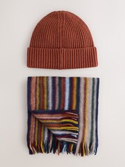 Orange / Multicolour Stripe Scarf And Beanie Matching Set - Image 1 of 7