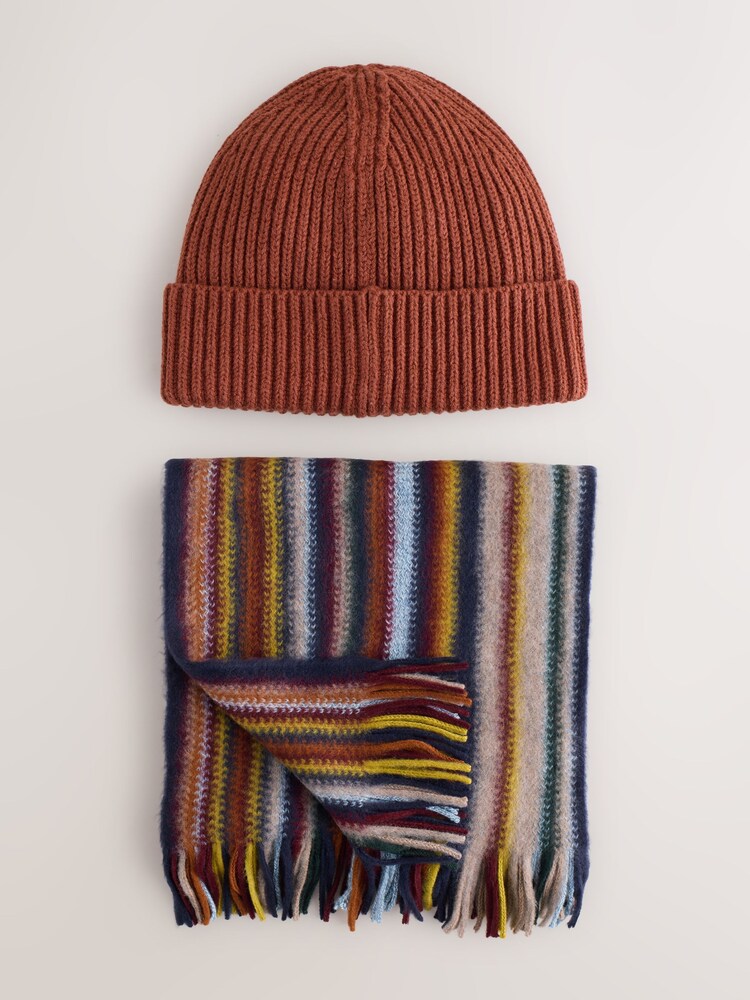 Orange / Multicolour Stripe Scarf And Beanie Matching Set - Image 1 of 7