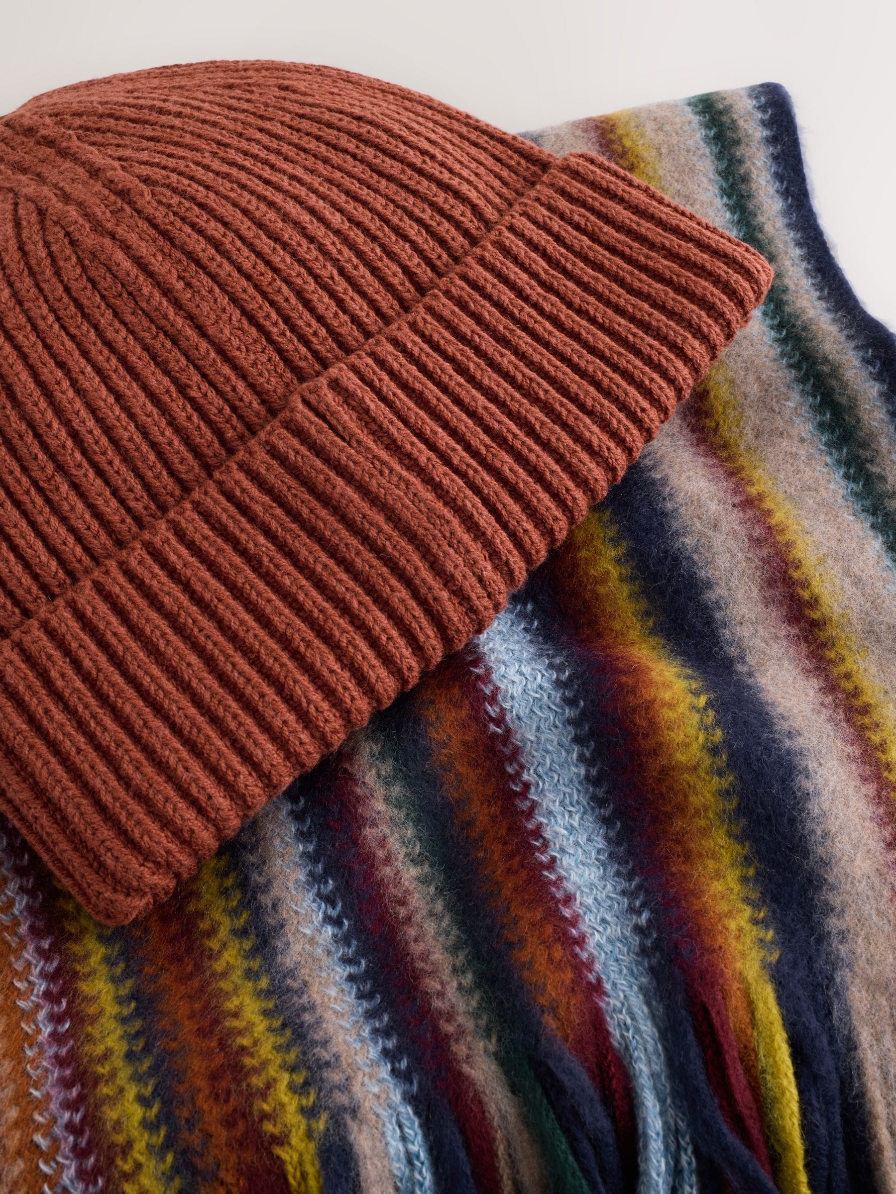 Buy Orange / Multicolour Stripe Scarf And Beanie Matching Set from