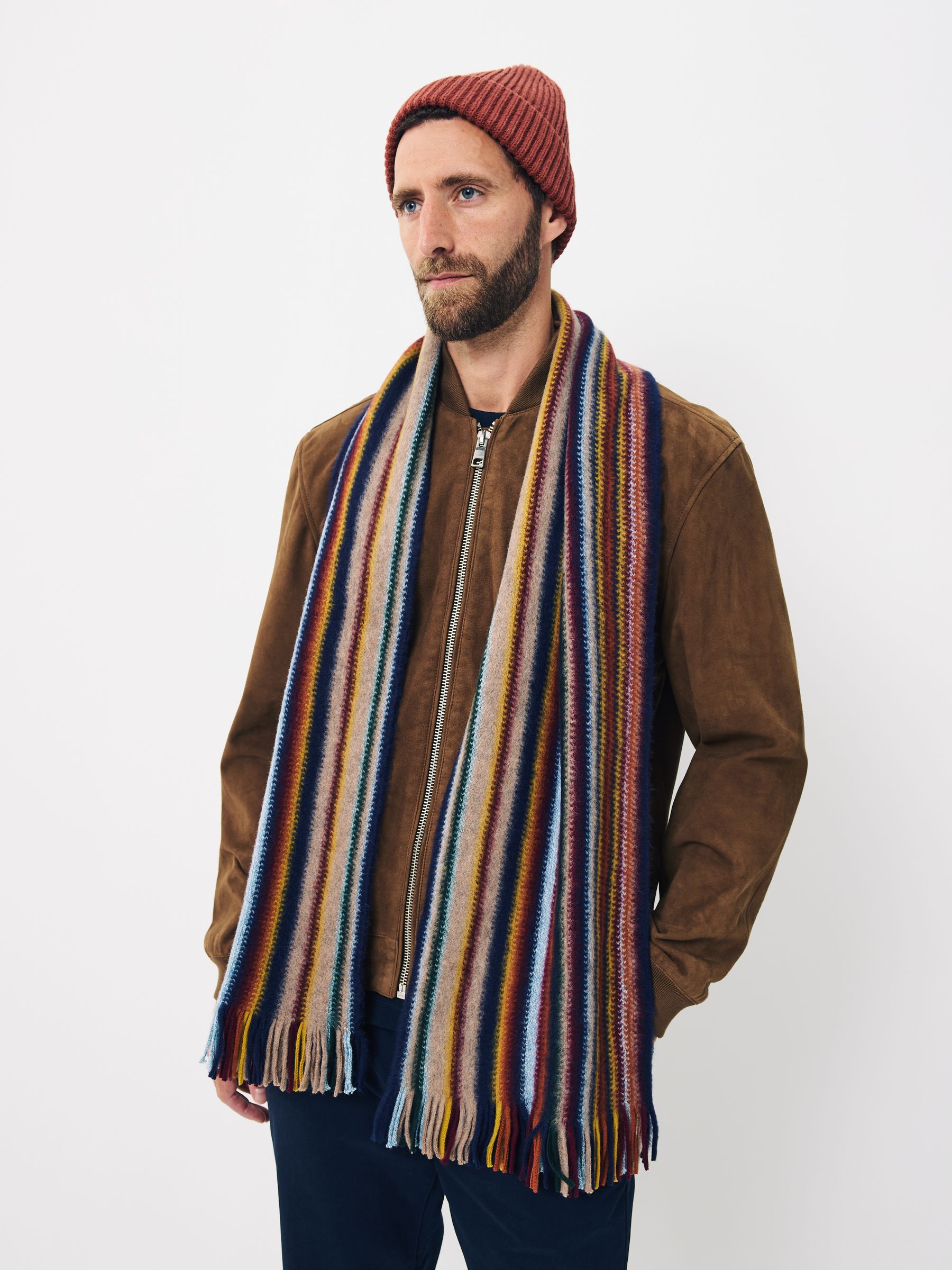Buy Orange / Multicolour Stripe Scarf And Beanie Matching Set from