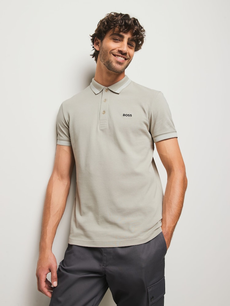 BOSS Grey Regular Fit Paddy Tipped Collar Polo Shirt - Image 1 of 5 BOSS Grey Regular Fit Paddy Tipped Collar Polo Shirt - Image 1 of 5