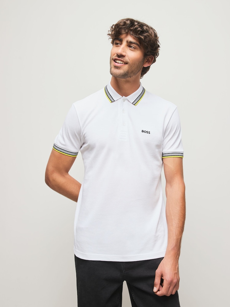 BOSS White Ecru Regular Fit Paddy Tipped Collar Polo Shirt - Image 1 of 6 BOSS White Ecru Regular Fit Paddy Tipped Collar Polo Shirt - Image 1 of 6