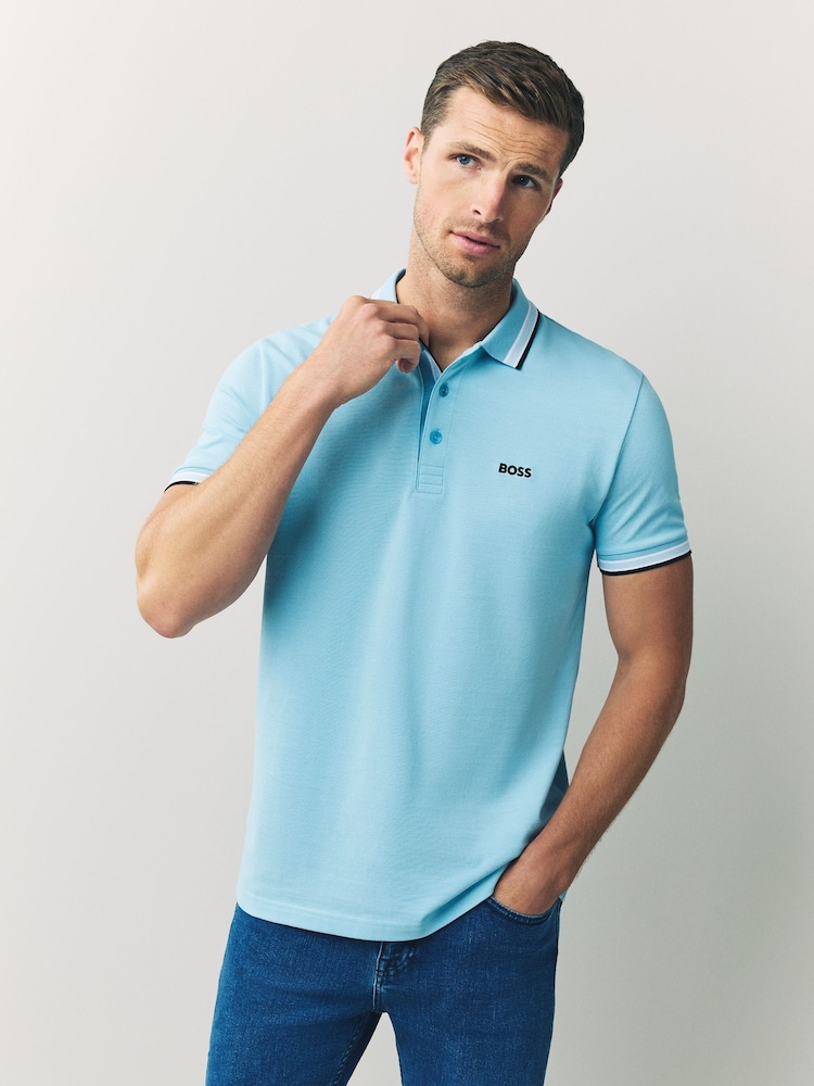 BOSS Blue Chrome Regular Fit Paddy Tipped Collar Polo Shirt - Image 1 of 4