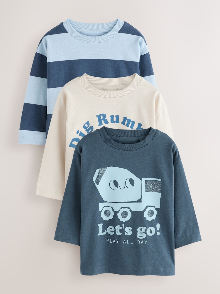 Blue Digger Long Sleeve Graphic Print T-Shirts 3 Pack (3mths-7yrs) - Image 1 of 7