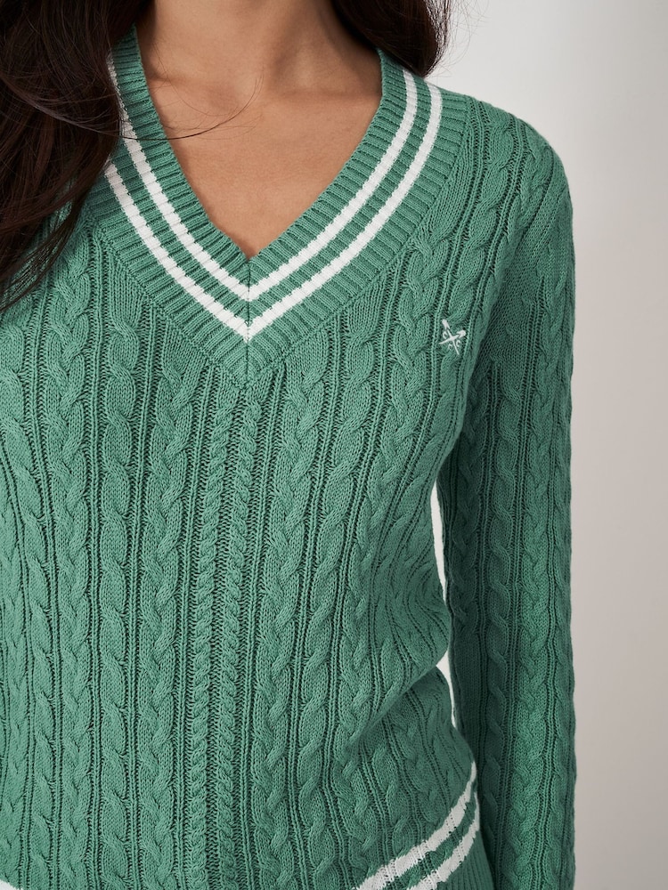 Crew Clothing Green Cricket Cable Knit 100% Cotton Jumper - Image 5 of 6