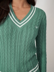 Crew Clothing Green Cricket Cable Knit 100% Cotton Jumper - Image 6 of 7