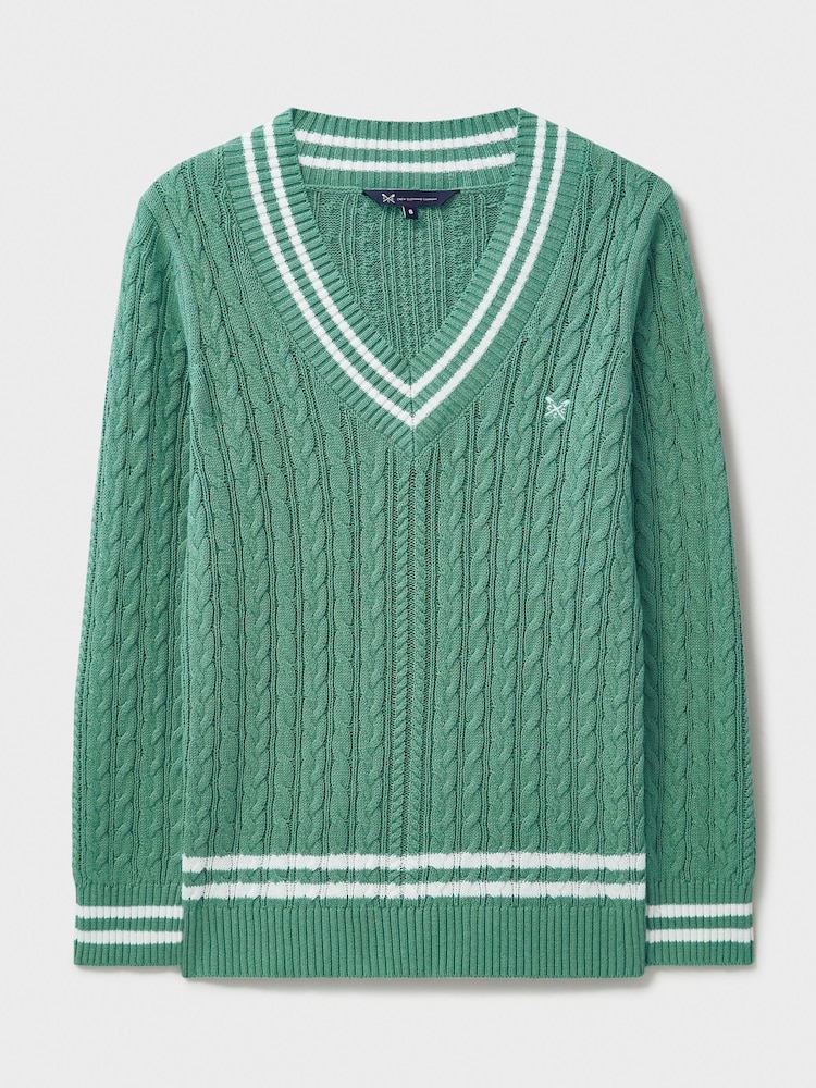 Crew Clothing Green Cricket Cable Knit 100% Cotton Jumper - Image 7 of 7