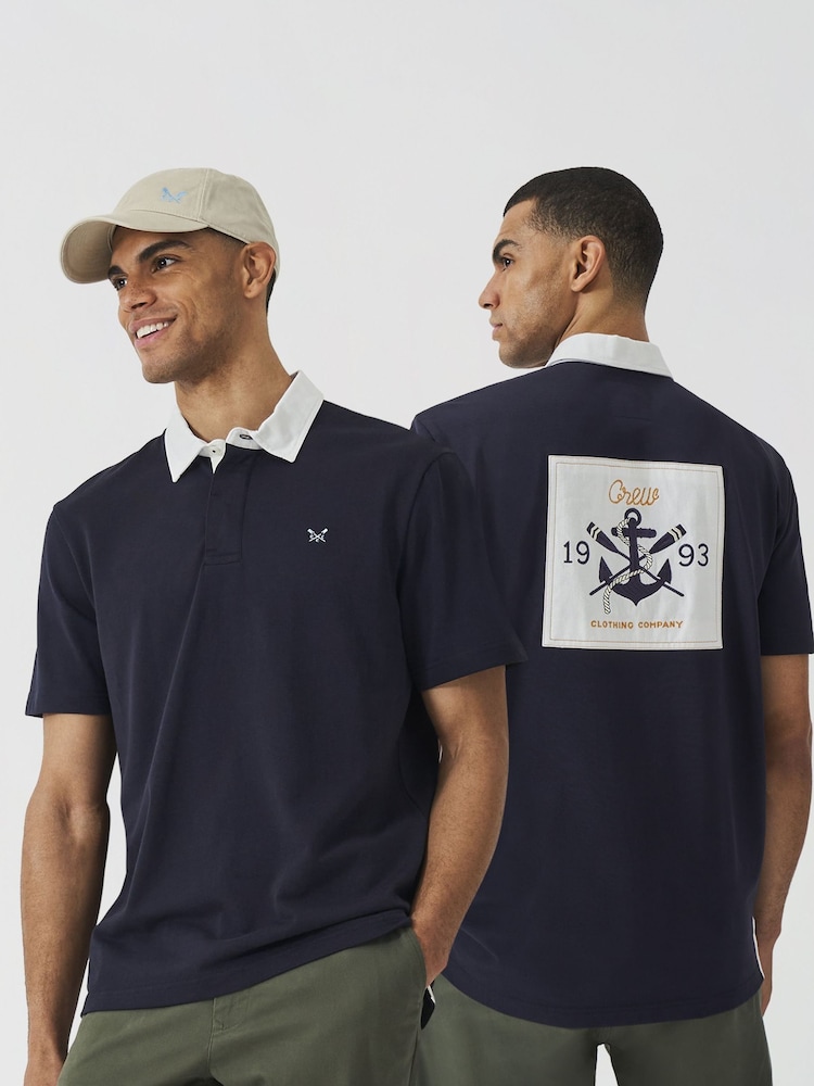 Crew Clothing Blue 100% Cotton Patch-Detail Rugby Shirt - Image 2 of 6 Crew Clothing Blue 100% Cotton Patch-Detail Rugby Shirt - Image 2 of 6