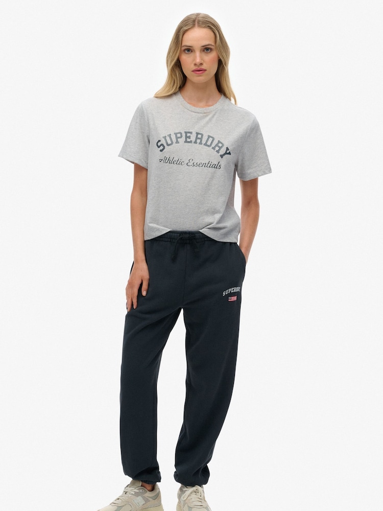 Superdry Blue ATH Essential Boyfriend Joggers - Image 1 of 6 Superdry Blue ATH Essential Boyfriend Joggers - Image 1 of 6
