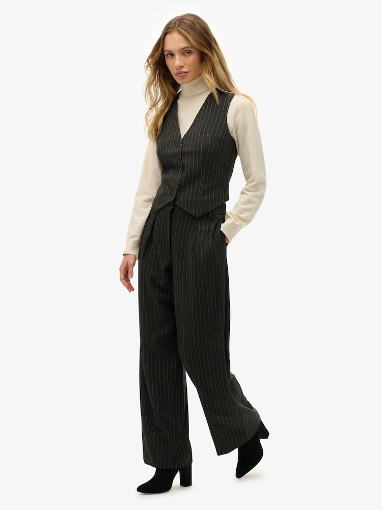 Superdry Charcoal Grey Pinstripe Mid Rise Pinstripe Trousers - Image 1 of 7 Superdry Charcoal Grey Pinstripe Mid Rise Pinstripe Trousers - Image 1 of 7