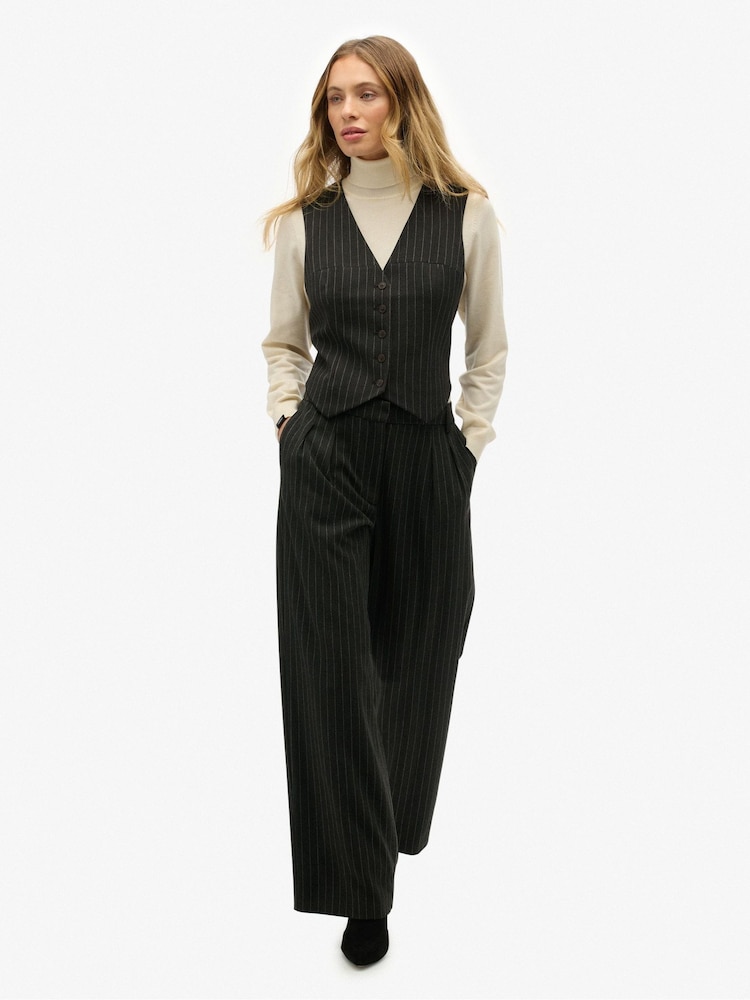 Superdry Charcoal Grey Pinstripe Mid Rise Pinstripe Trousers - Image 2 of 7 Superdry Charcoal Grey Pinstripe Mid Rise Pinstripe Trousers - Image 2 of 7