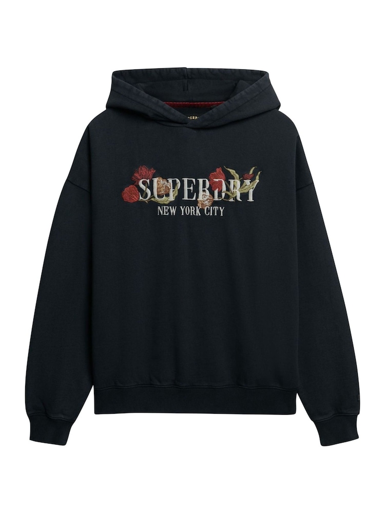 Superdry Black Night Garden Relaxed Hoodie - Image 1 of 1 Superdry Black Night Garden Relaxed Hoodie - Image 1 of 1