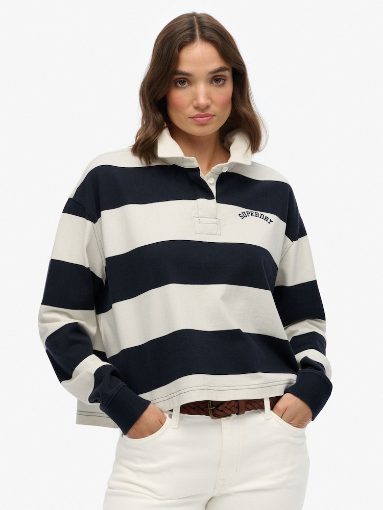 Superdry Eclipse Navy Stripe Ath Essential Stripe Rugby T-Shirt - Image 1 of 6 Superdry Eclipse Navy Stripe Ath Essential Stripe Rugby T-Shirt - Image 1 of 6
