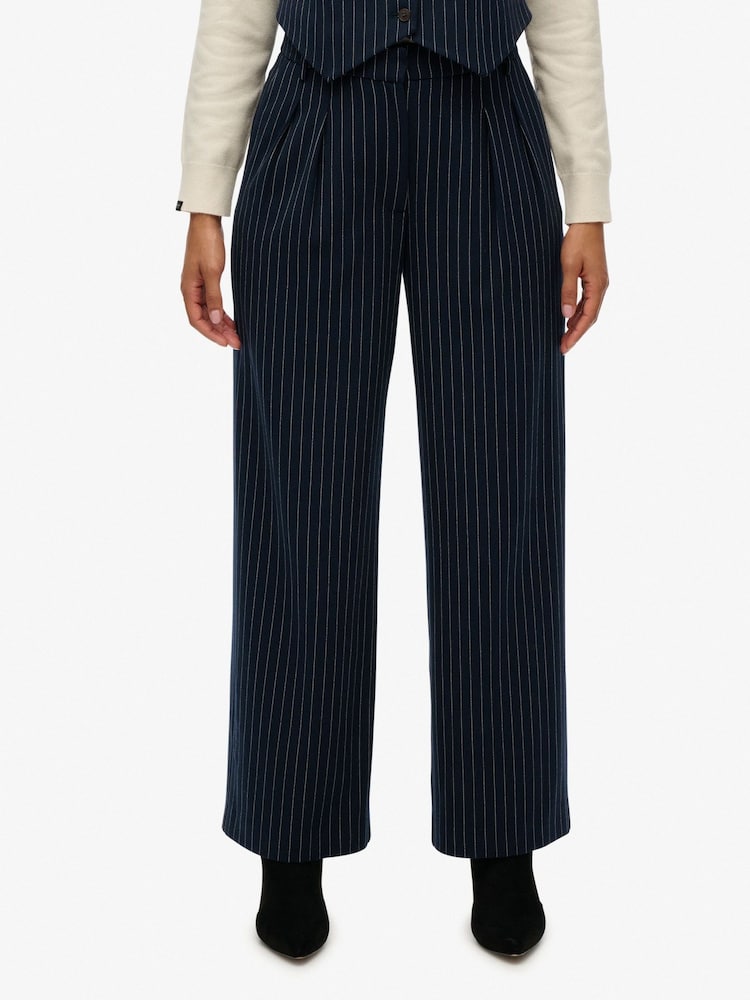 Superdry Blue Mid Rise Wide Leg Tailored Joggers - Image 1 of 6 Superdry Blue Mid Rise Wide Leg Tailored Joggers - Image 1 of 6