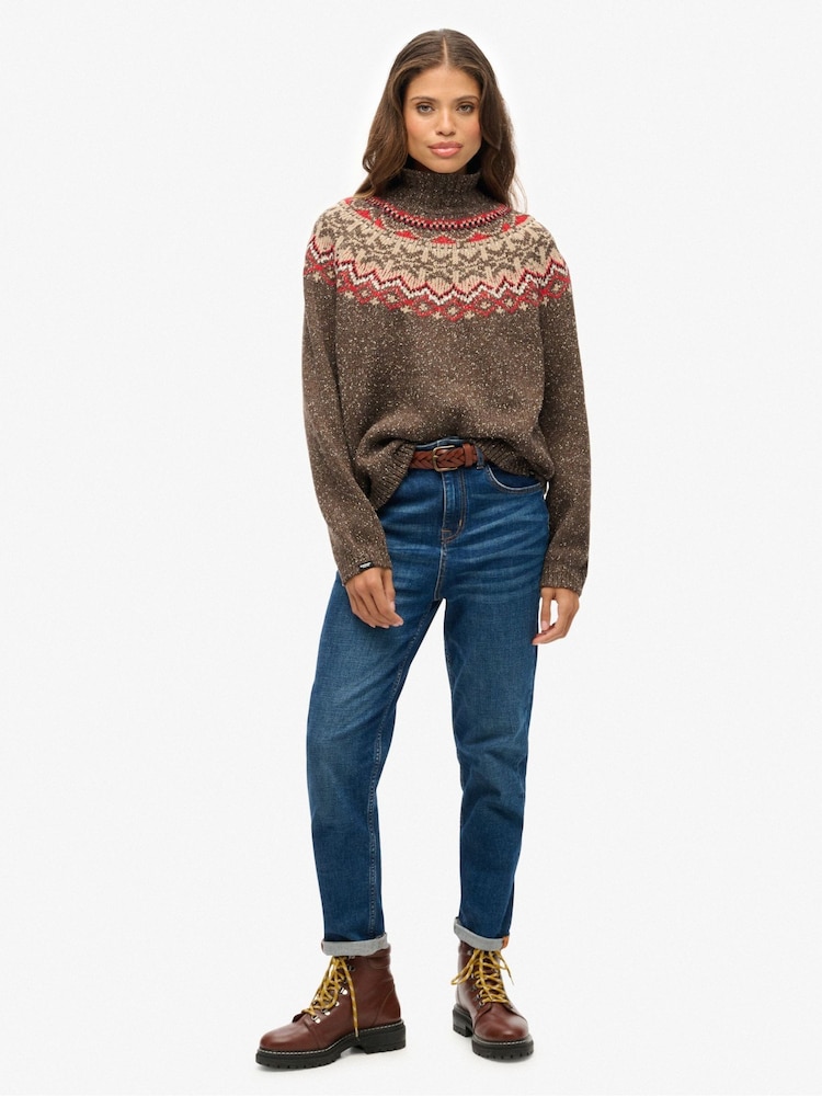 Superdry Army Dark Brown Multi Fairisle Pattern High Neck Jumper - Image 5 of 5 Superdry Army Dark Brown Multi Fairisle Pattern High Neck Jumper - Image 5 of 5