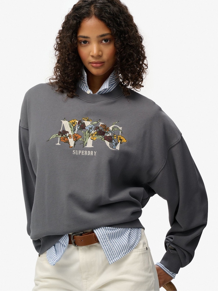 Superdry Grey Night Garden Oversized Crew Sweatshirt - Image 2 of 6 Superdry Grey Night Garden Oversized Crew Sweatshirt - Image 2 of 6