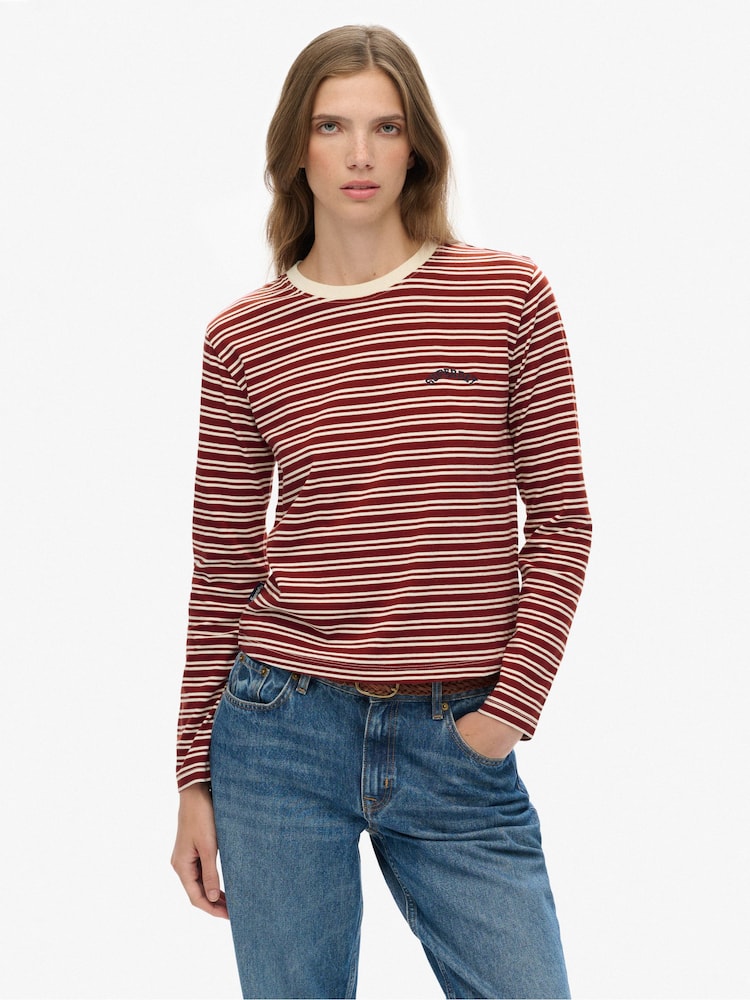 Superdry Red Essential Logo Stripe Long Sleeve Top - Image 1 of 5 Superdry Red Essential Logo Stripe Long Sleeve Top - Image 1 of 5