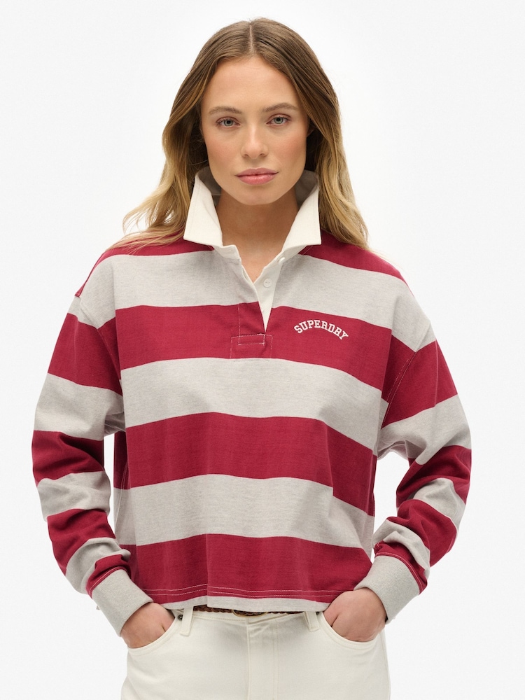 Superdry Red Athletic Essentials Stripe Rugby Top - Image 1 of 5 Superdry Red Athletic Essentials Stripe Rugby Top - Image 1 of 5