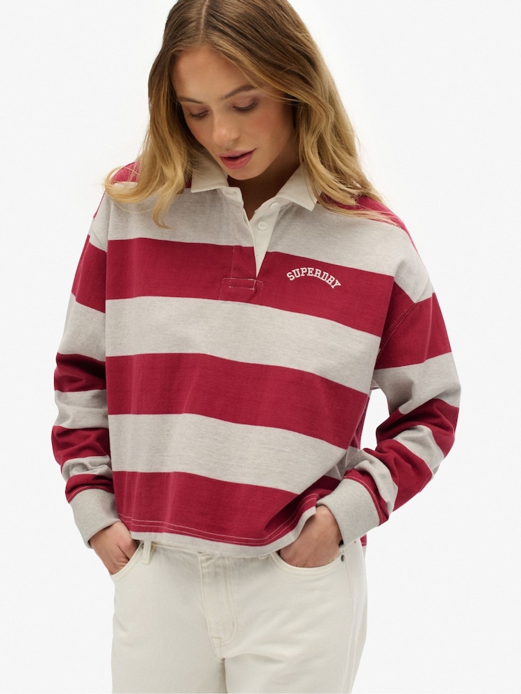 Superdry Red Athletic Essentials Stripe Rugby Top - Image 2 of 5 Superdry Red Athletic Essentials Stripe Rugby Top - Image 2 of 5