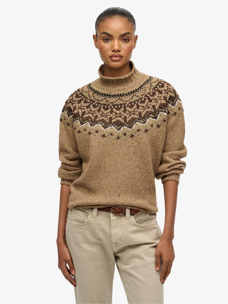 Superdry Brown Fairisle Pattern High Neck Jumper - Image 1 of 5 Superdry Brown Fairisle Pattern High Neck Jumper - Image 1 of 5