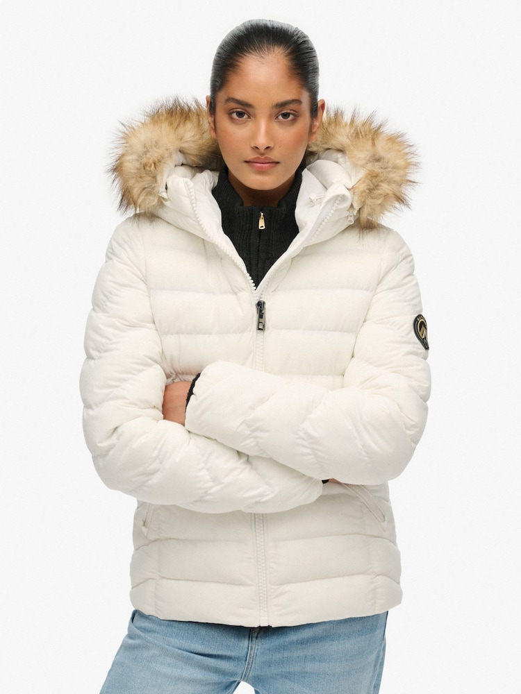 Superdry White Fuji Faux Fur Hood Padded Jacket - Image 1 of 6 Superdry White Fuji Faux Fur Hood Padded Jacket - Image 1 of 6