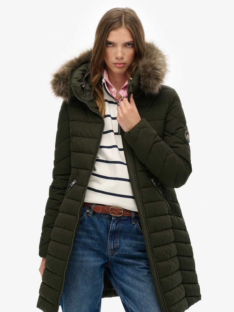 Superdry Green Fuji Faux Hooded Mid Length Jacket - Image 1 of 7