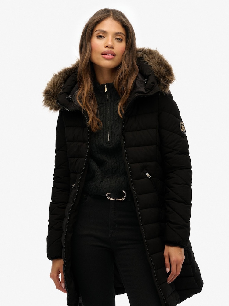 Superdry Black Fuji Faux Hooded Mid Length Jacket - Image 1 of 7