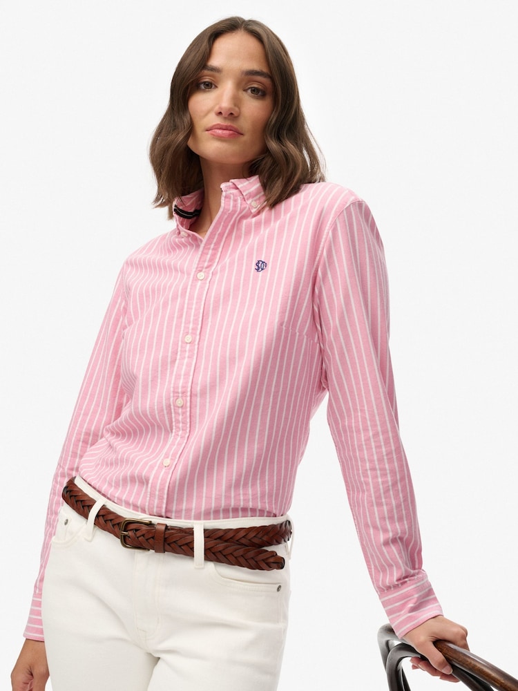 Superdry Pink Slim Oxford Long Sleeve Shirt - Image 2 of 4 Superdry Pink Slim Oxford Long Sleeve Shirt - Image 2 of 4