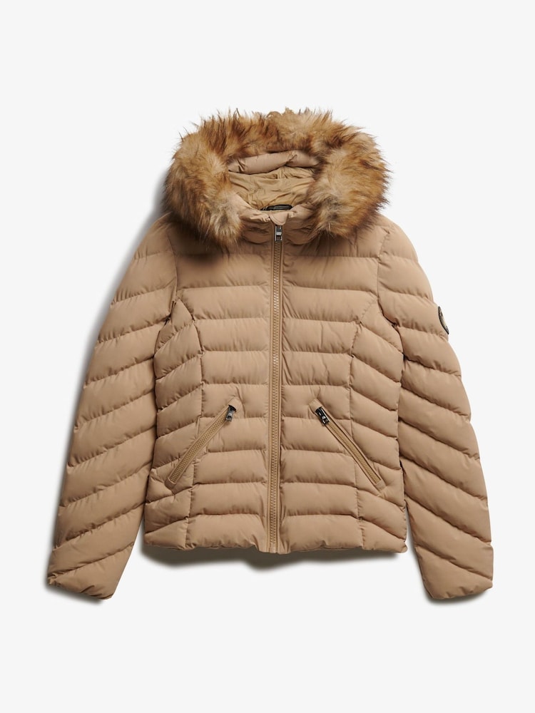 Superdry Brown Fuji Faux Fur Hood Padded Jacket - Image 1 of 2 Superdry Brown Fuji Faux Fur Hood Padded Jacket - Image 1 of 2