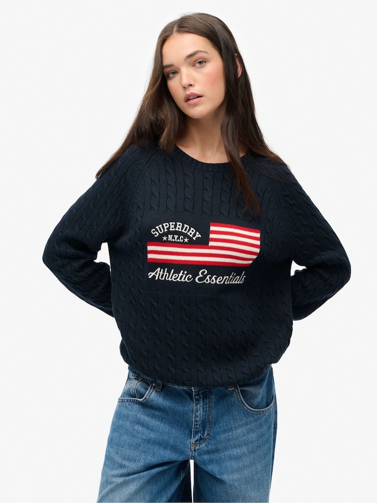 Superdry Blue Slouchy Cable Flag Knit Jumper - Image 1 of 5
