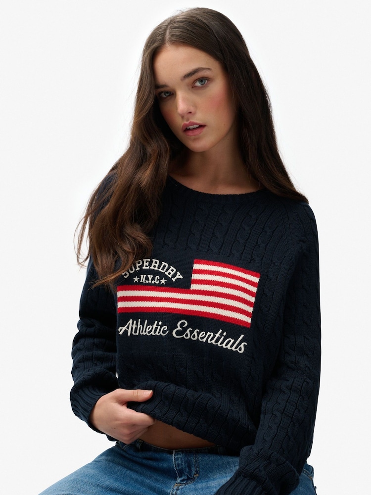 Superdry Blue Slouchy Cable Flag Knit Jumper - Image 2 of 5