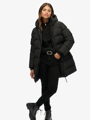 Superdry Black Hooded Sports Puffer Mid Jacket - Image 1 of 8