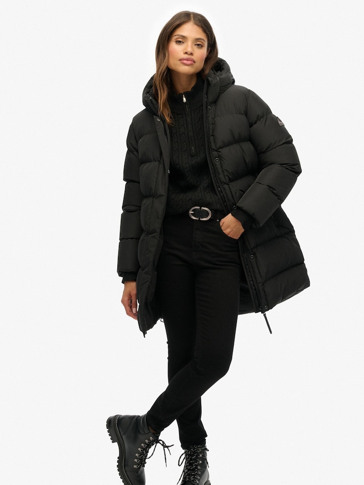 Superdry Black Hooded Sports Puffer Mid Jacket - Image 1 of 8 Superdry Black Hooded Sports Puffer Mid Jacket - Image 1 of 8