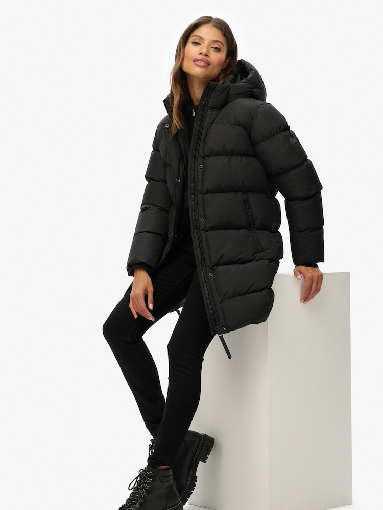 Superdry Black Hooded Sports Puffer Mid Jacket - Image 2 of 8 Superdry Black Hooded Sports Puffer Mid Jacket - Image 2 of 8