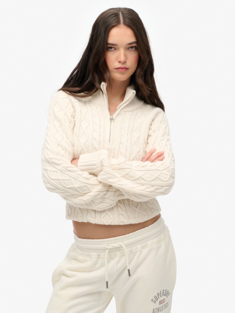 Superdry Cream Brushed Cable Roll Neck Jumper - Image 1 of 5 Superdry Cream Brushed Cable Roll Neck Jumper - Image 1 of 5