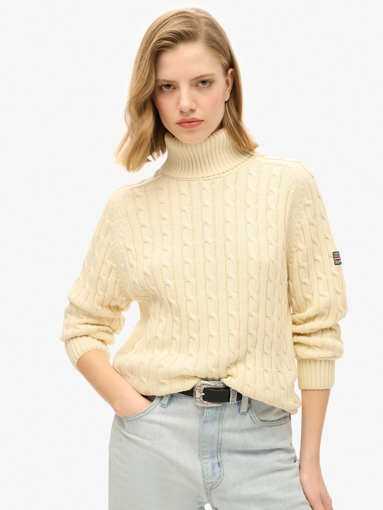 Superdry White Slouchy Cable Roll Neck Jumper - Image 1 of 6 Superdry White Slouchy Cable Roll Neck Jumper - Image 1 of 6