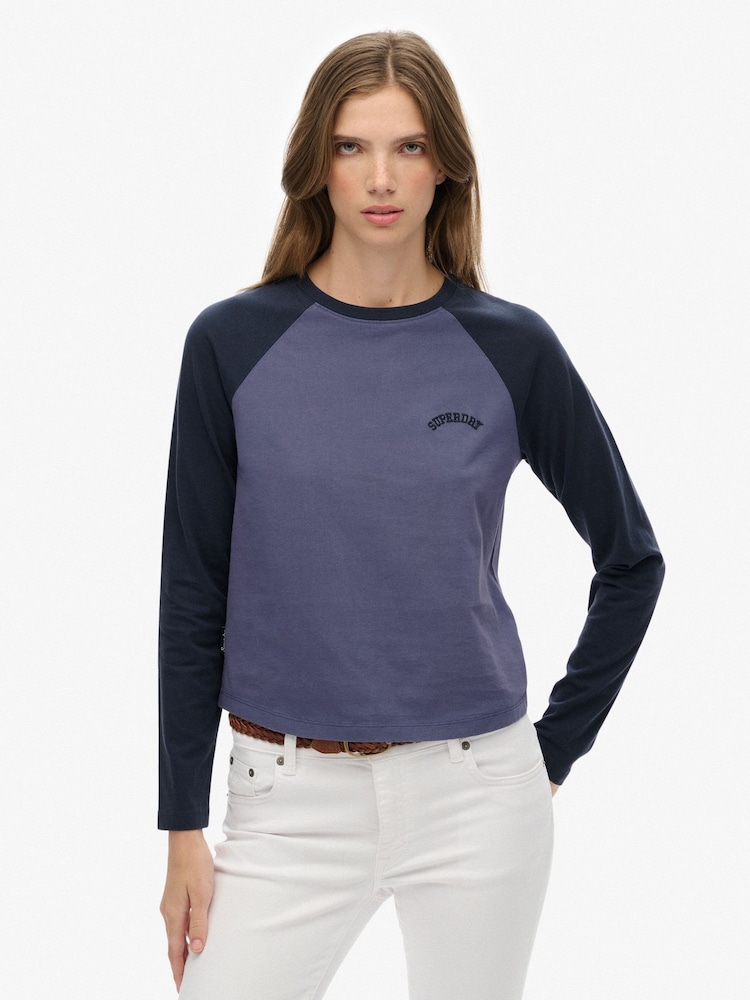 Superdry Blue Essential Logo Long Sleeve Baseball Top - Image 1 of 5 Superdry Blue Essential Logo Long Sleeve Baseball Top - Image 1 of 5