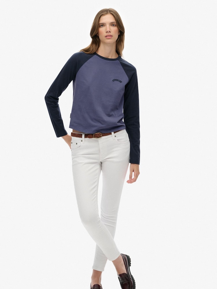 Superdry Blue Essential Logo Long Sleeve Baseball Top - Image 2 of 5 Superdry Blue Essential Logo Long Sleeve Baseball Top - Image 2 of 5